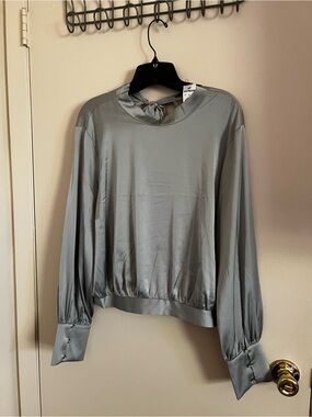 Express Satin Tie-Neck Blouse in Light Blue